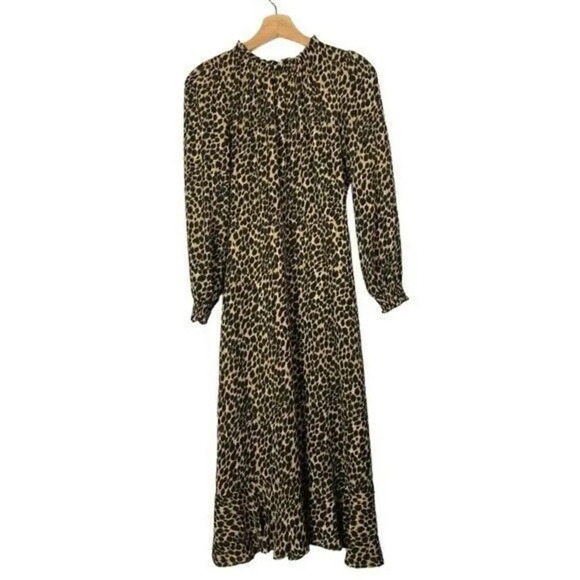 J. Crew Brown Leopard Print Ruffle Neck Peasant Long Sleeve Midi Dress 0 - Picture 3 of 7